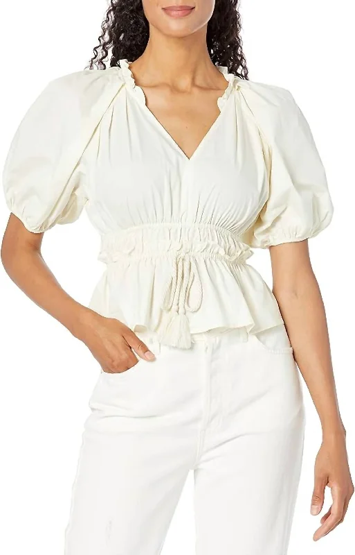 Ruffle Shirred Pleats Sleeve Top In Cream