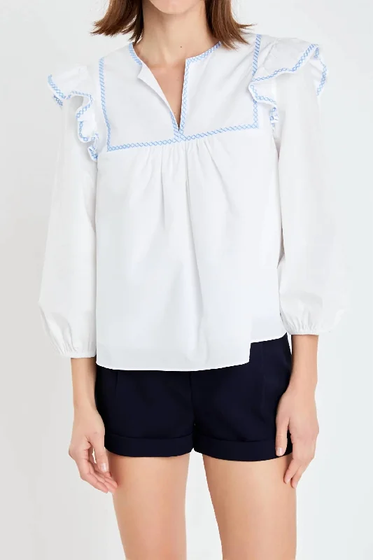 Ruffled Embroidery Top In White/powder Blue