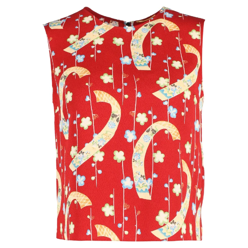 Saint Laurent Floral Sleeveless Top in Red Polyester