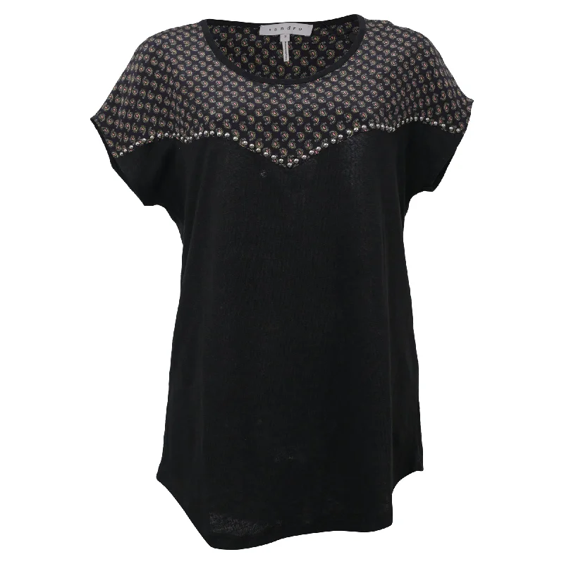 Sandro Paisley Studded Short-Sleeved Blouse in Black Silk