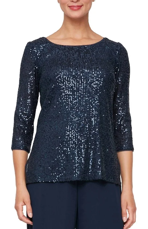 Sequin 3/4 Sleeve Blouse With Side Slit Detail In Navy