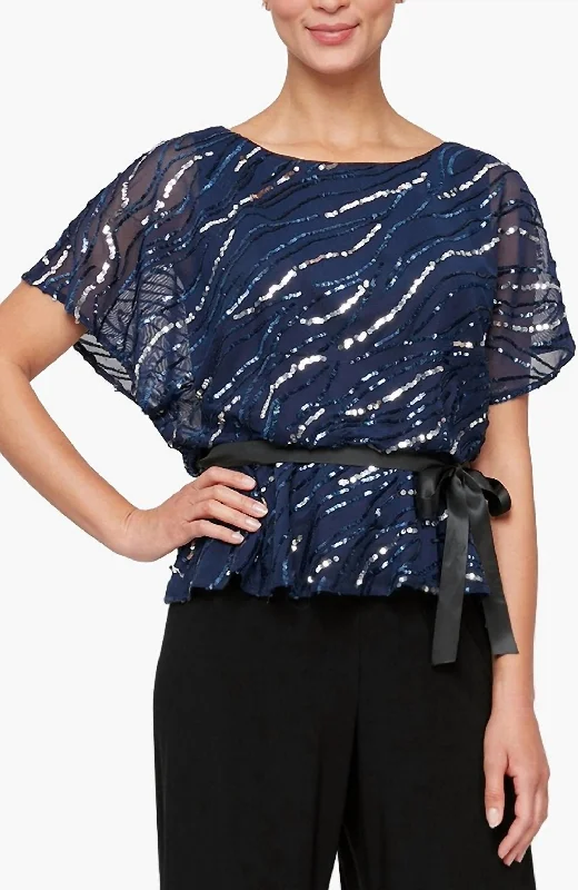 Short Sleeve Blouson Blouse With Tie Belt In Navy