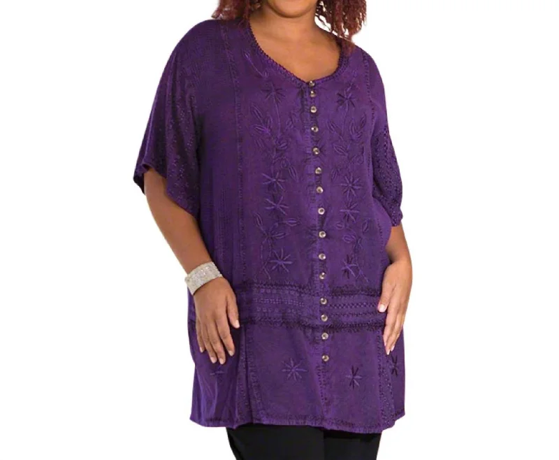 Short Sleeve Button Up Tonya Blouse - Plus In Purple