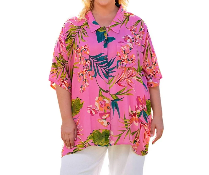 Short Sleeve Ibiza Shirt - Plus In Pink Palms