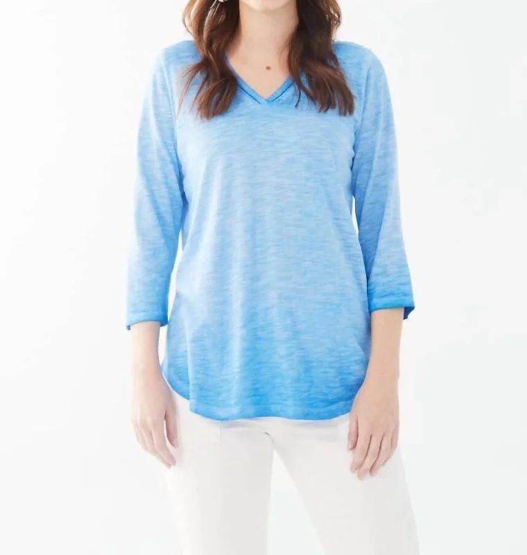 Split Neck Cotton Slub Tee In Lagoon Blue