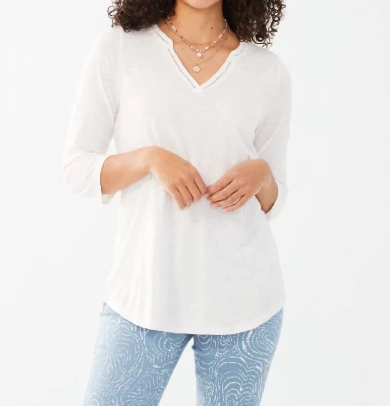 Split Neck Cotton Slub Tee In White