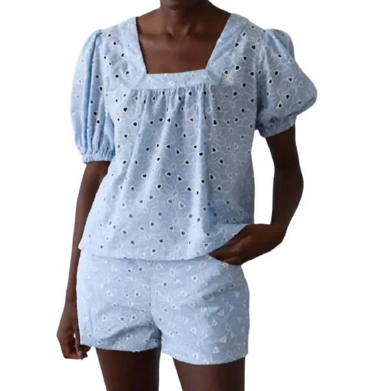 Square Neck Top In Blue Eyelet