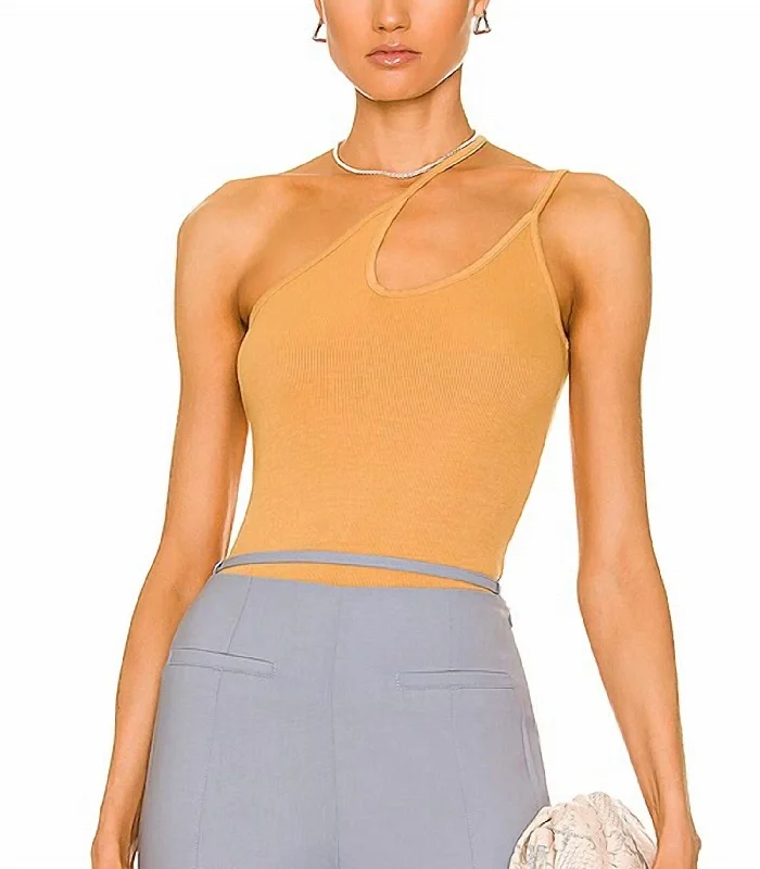 Stretch Silk Knit Asymmetrical Tank In Honey