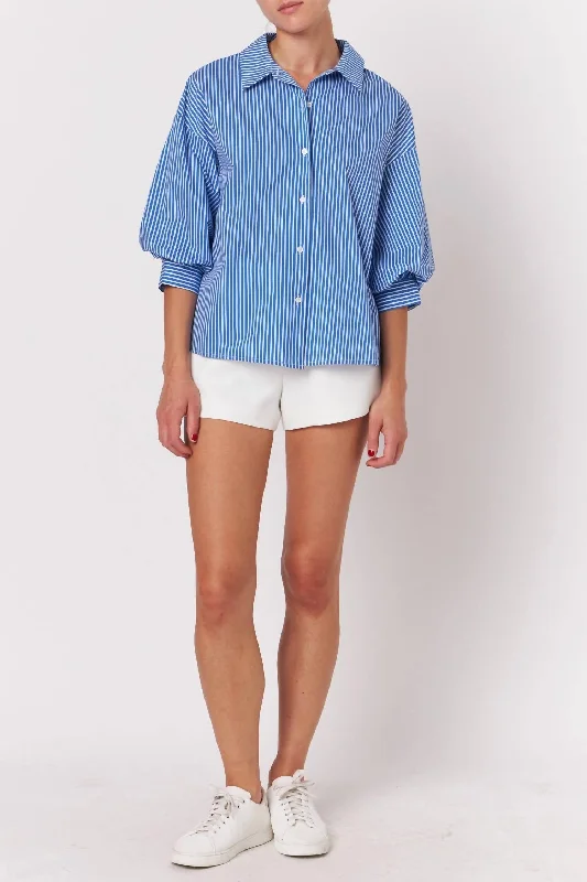 Striped Puff Sleeve Button Down Top In Blue