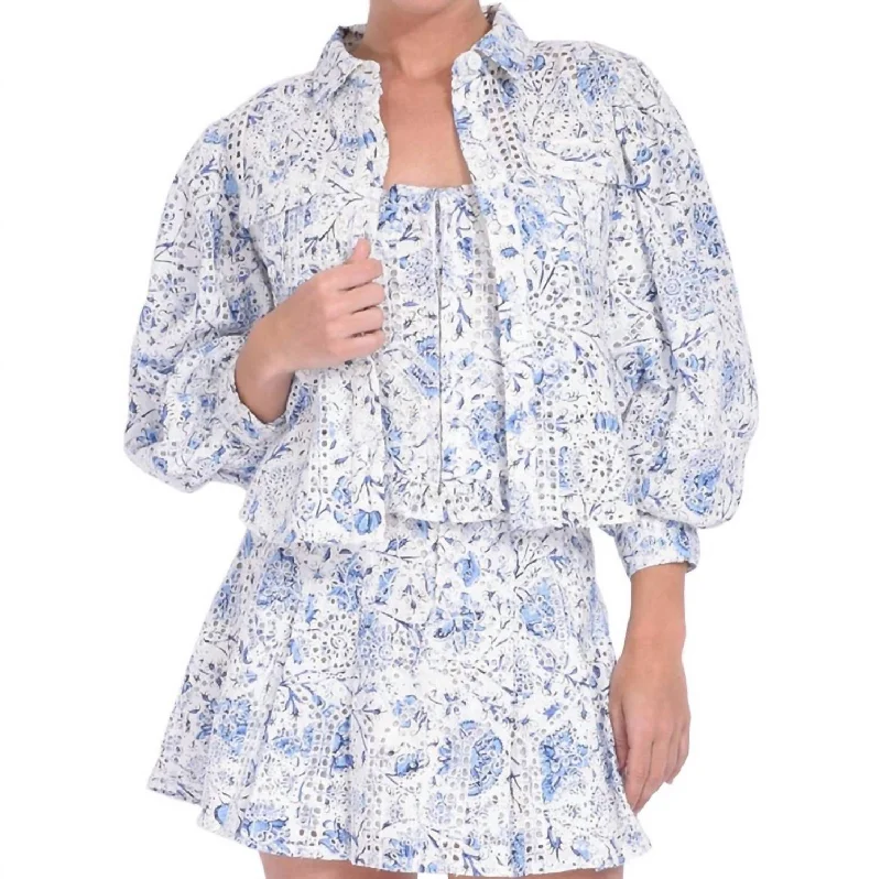 Sula Eyelet Top In Blue Printed Eyelet