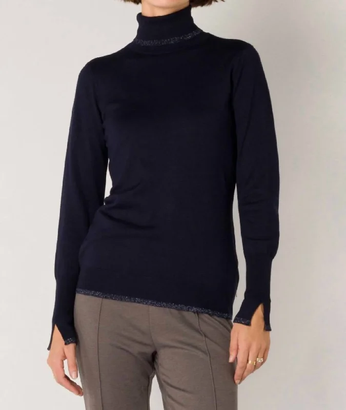 Suzette Metallic Turtle Neck Tee In Dark Navy