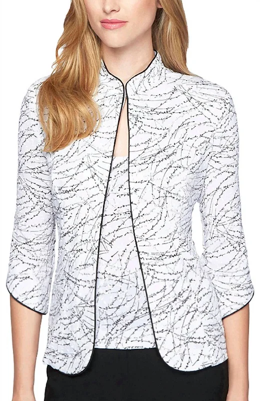 Textured Mandarin Collar Twinset In White-Black