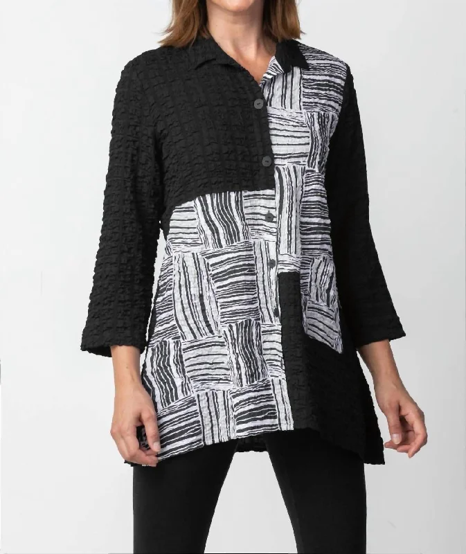 Textured Mixed Print Tunic Top In Black & Grey