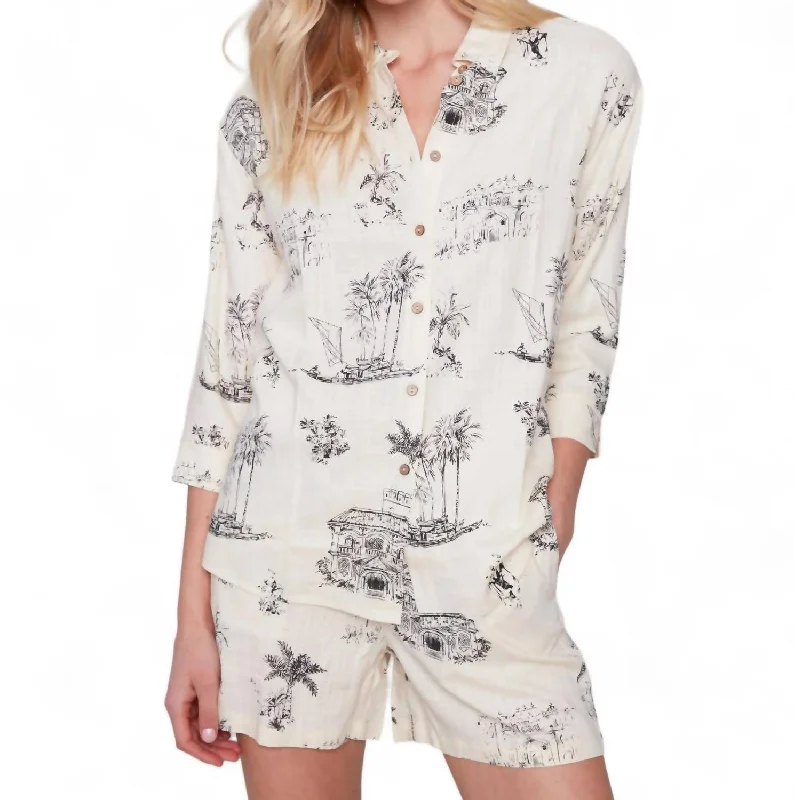 Tropical Print Elbow Sleeve Button Up Top In Black/cream