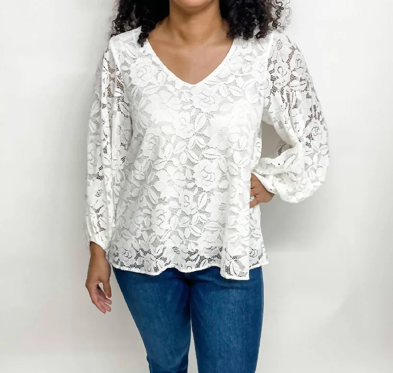 V-Neck Balloon Sleeves Corded Lace Top In Off White