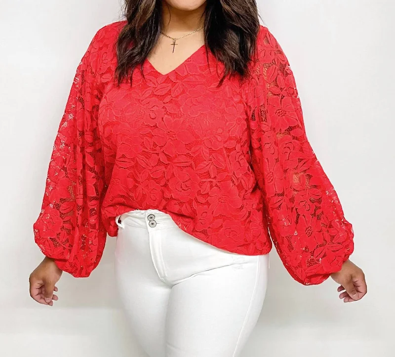 V-Neck Balloon Sleeves Corded Lace Top In Red