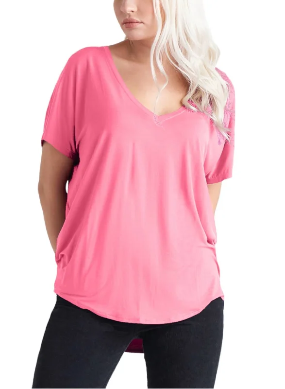 V Neck Knit Tee In Hot Pink