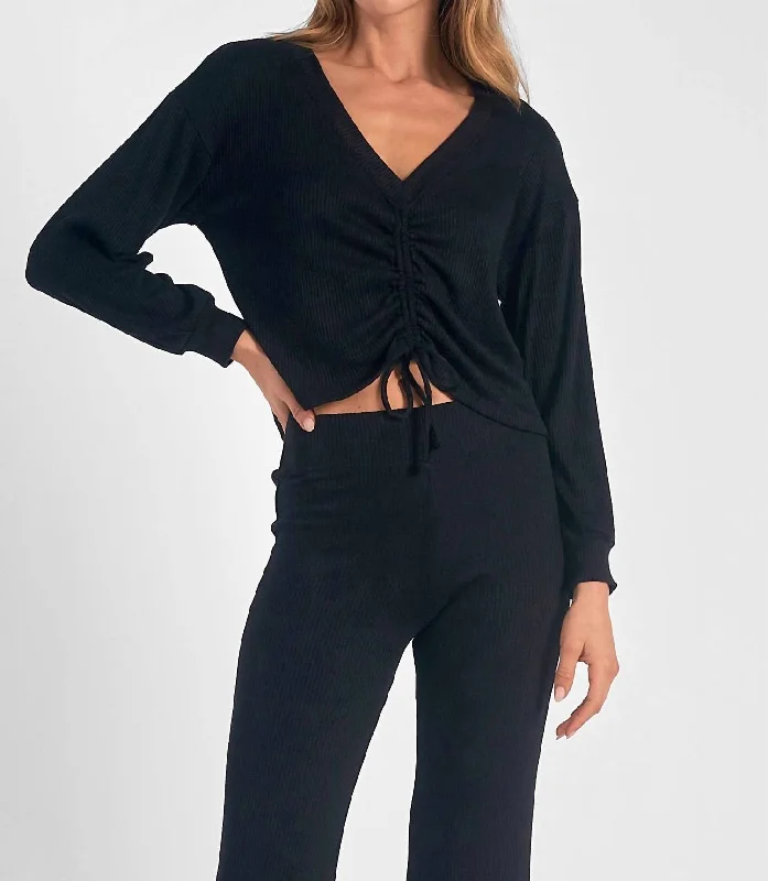 V-Neck Long Sleeve Top In Black