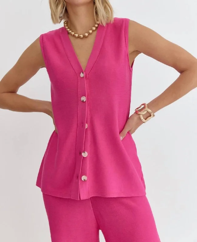 V-Neck Sleeveless Button Down Top In Hot Pink