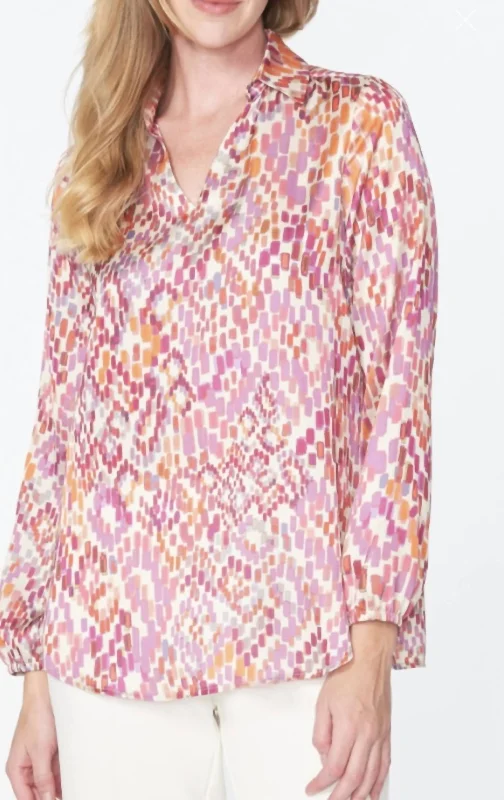 V-Neck Top In Tiles In Pink Multi