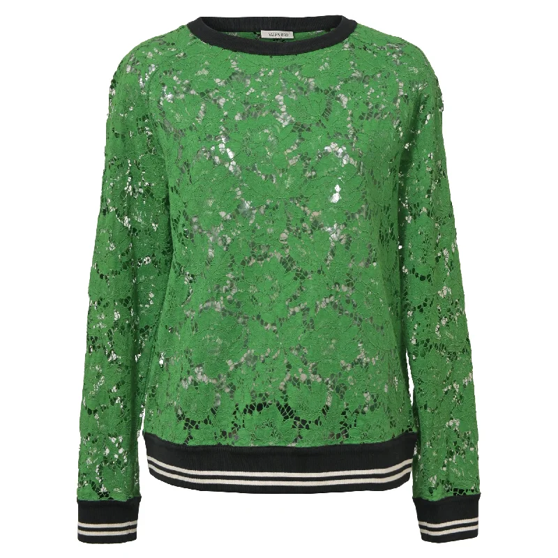 Valentino Lace Crew Neck Sweatshirt in Green Cotton