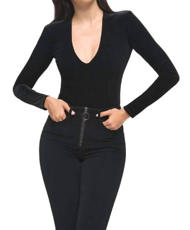 Velvet Long Sleeve Deep V Bodysuit In Black