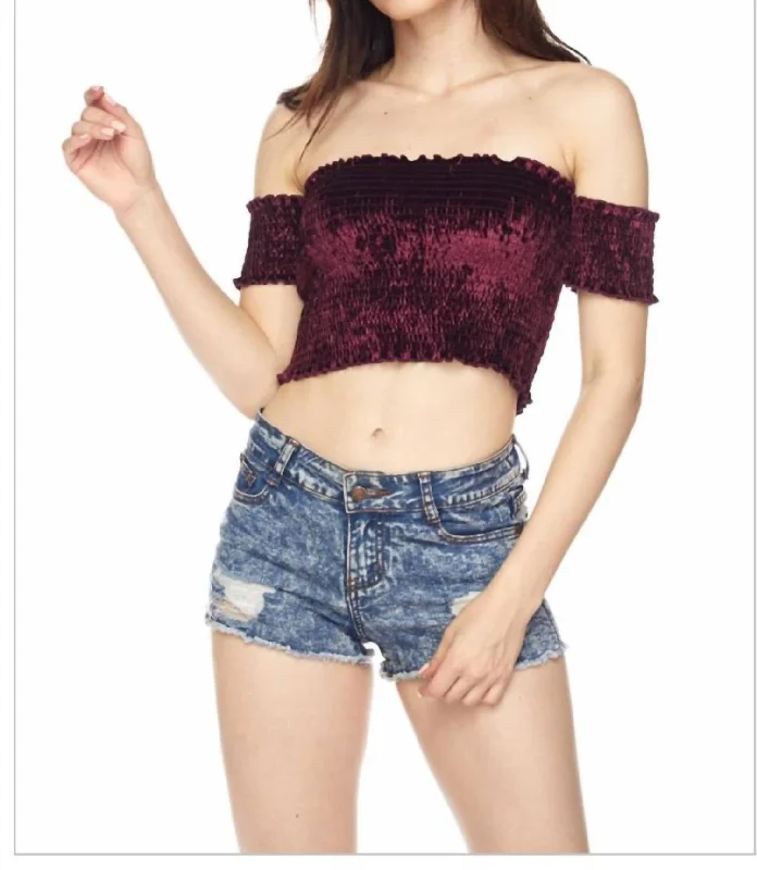 Velvet Off The Shoulder Crop Top In Burgundy