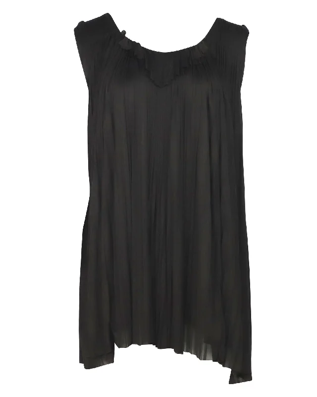 Vera Wang Sleeveless Micro-Pleated Top in Black Viscose