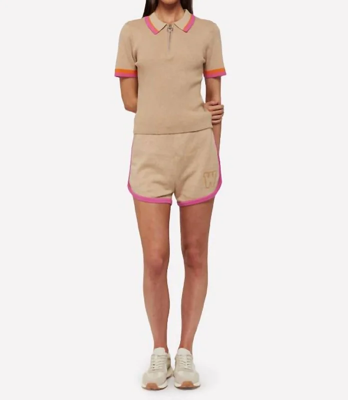 Verity Rib Zip Polo Shirt In Camel/dragon Fruit