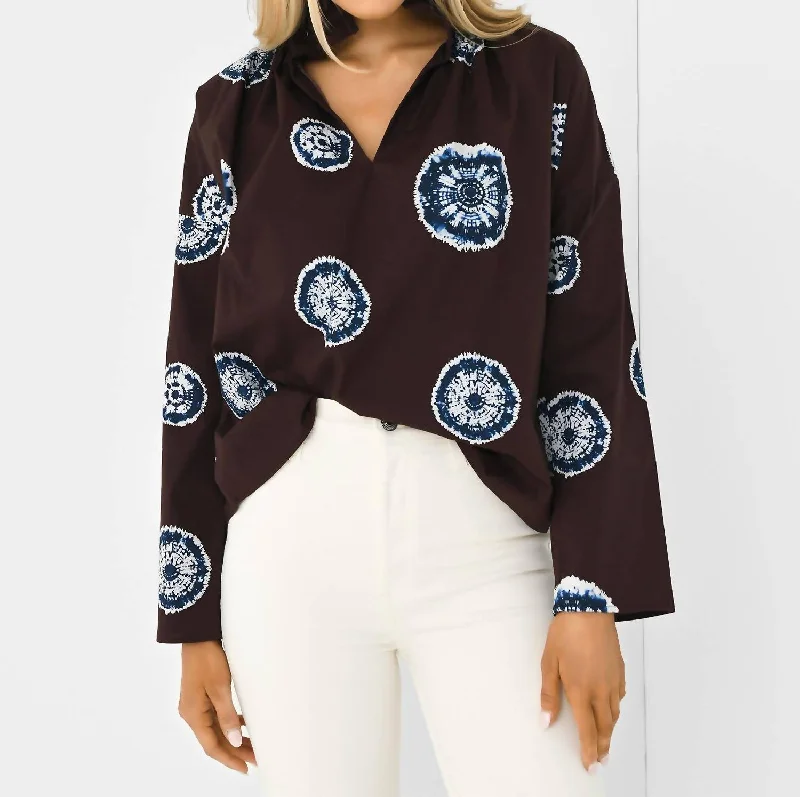 Vicki Long Sleeve Top In Blue/brown Tie Dye