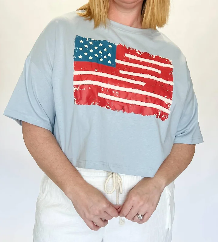 Vintage Usa Flag Crop Tee In Dusty Blue