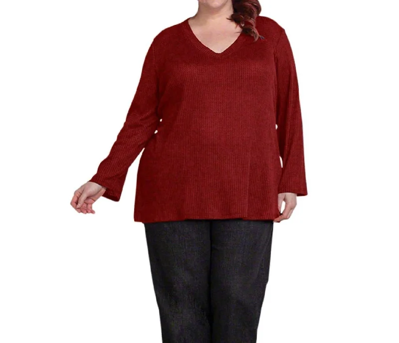 Waffle Knit Long Sleeve Top - Plus In Burgundy