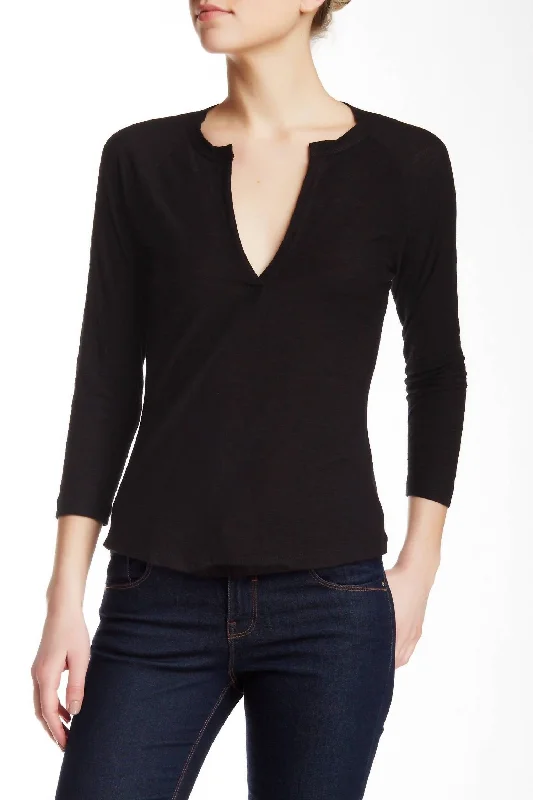 Women Split Neck Raglan Sleeve T-Shirt In Black