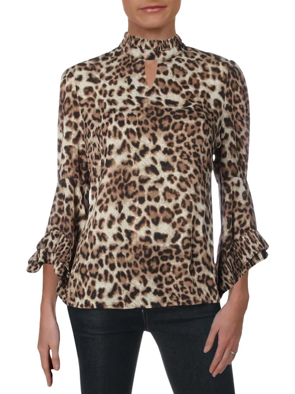 Womens Animal Print Mock Neck Blouse