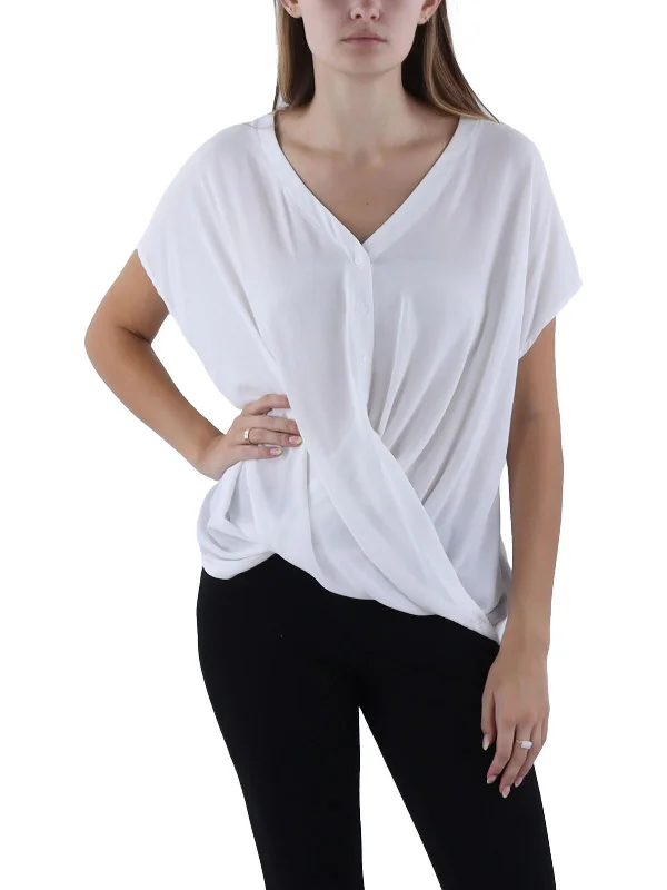 Womens Button Front Surplice Blouse