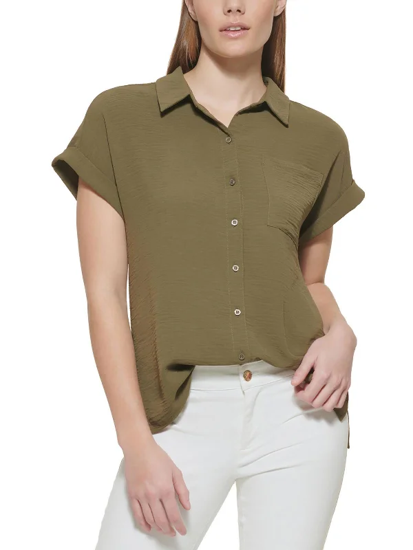 Womens Collared Solid Button-Down Top