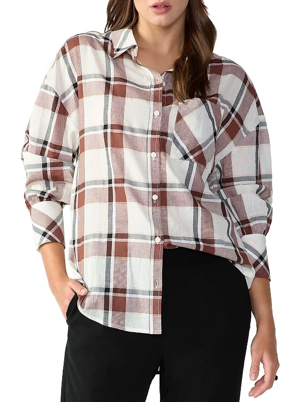 Womens Cotton Plaid Button-Down Top