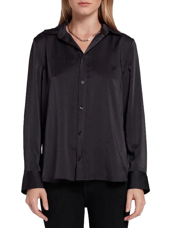 Womens Embellished Collared Button-Down Top