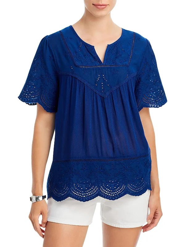 Womens Eyelet Short Sleeve Blouse