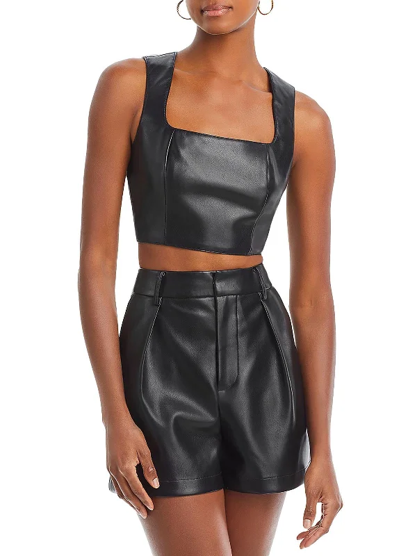 Womens Faux Leather Square Neck Cropped