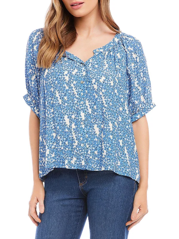 Womens Floral Print Button-Down Peasant Top