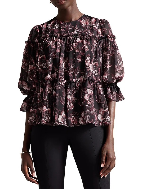 Womens Floral Print Puff Sleeve Blouse