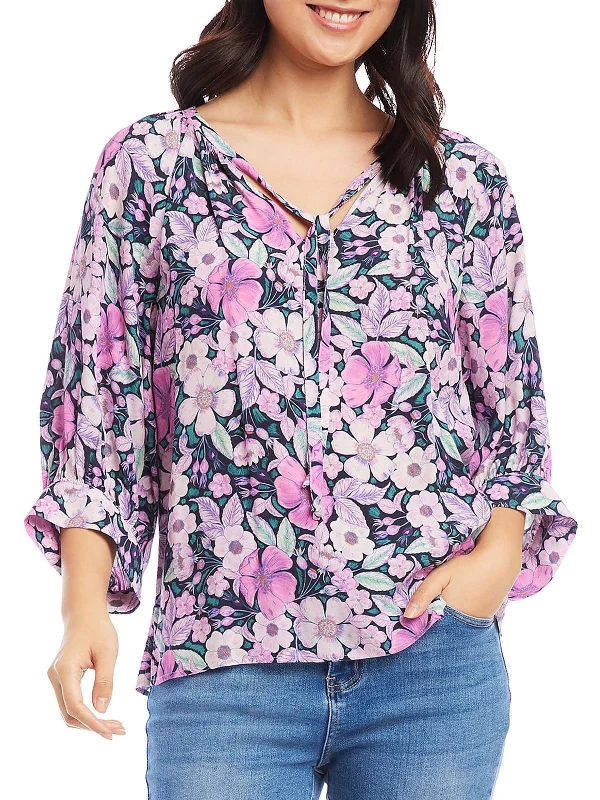 Womens Floral Print Tie Neck Blouse