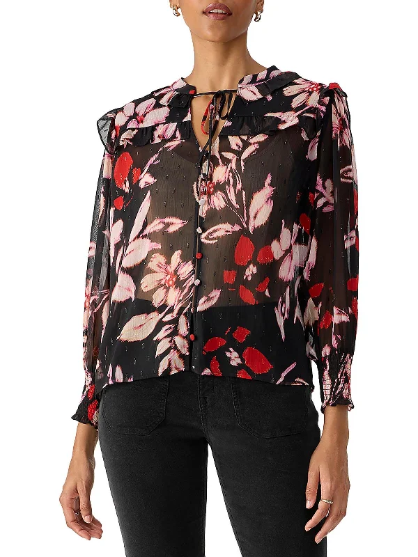 Womens Floral Print Tie Neck Button-Down Top