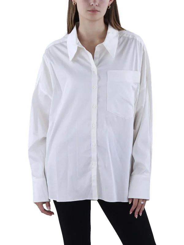 Womens Hi-Low Solid Button-Down Top