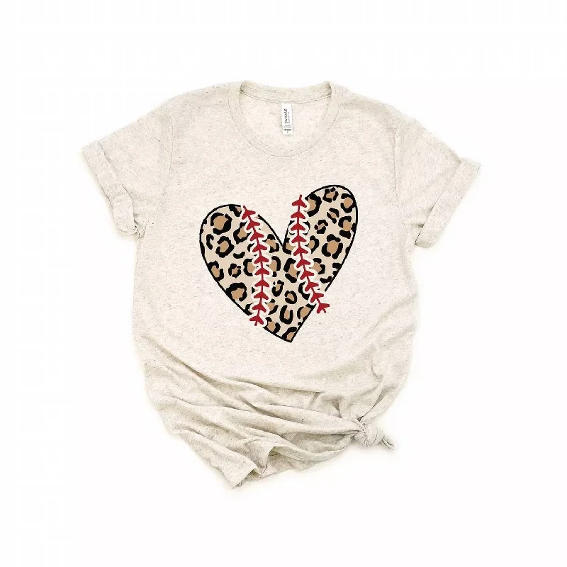 Women's Leopard Baseball Heart Short Sleeve Graphic Tee In Oatmeal