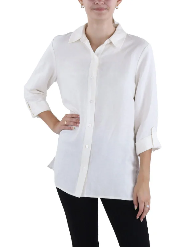 Womens Linen Blend Roll Tab Button-Down Top