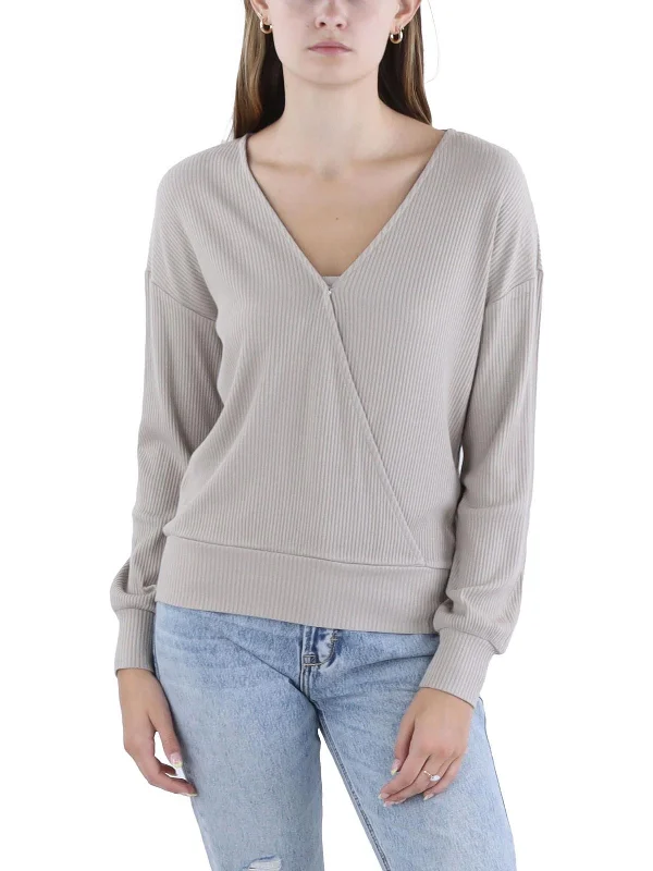 Womens Long Sleeve Ribbed Wrap Top