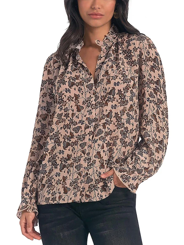 Womens Printed Long Sleeve Button-Down Top