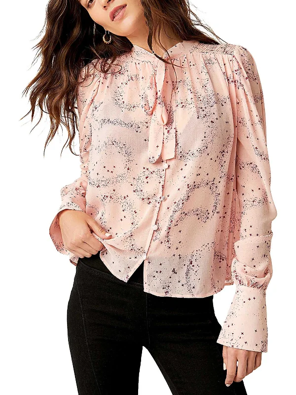 Womens Printed Tie neck Button-Down Top